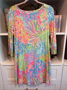 🌿 Lilly Pulitzer Sophie UPF 50+ Dress Lovers Coral 3/4 Sleeve Size S